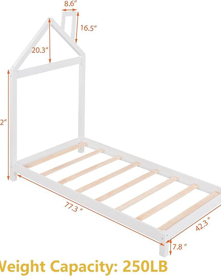 Twin Bed Frame/Kids Bed Frames with Headboard and Slats, Wood Platform Bed with House Shaped Headboard, Twin Size Bed for Kids, Boys, Girls, No Box Spring Needed(White) - LeafyLoom
