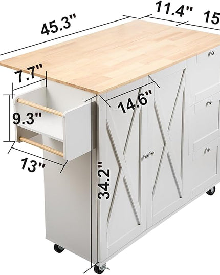 VEVOR Kitchen Island Cart with Solid Wood Top, 45.3" Width Mobile Carts with Storage Cabinet, Rolling Table with Spice Rack, Towel Rack, Drop Leaf and Drawer, Portable Islands on Wheels, White - LeafyLoom