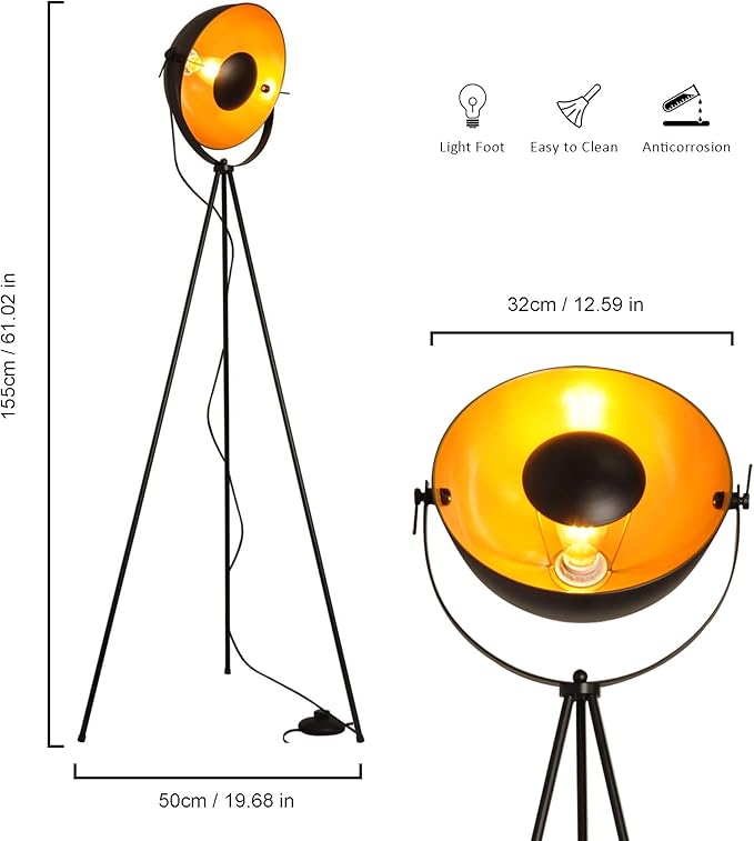 Modern Industrial Tripod LED Satellite Floor Lamp for Living Room, Adjustable Gold Lampshade Spotlight Standing Lamp with Foot Switch, Retro Black E26 Base Floor Light Fixture for Bedroom, Office - LeafyLoom