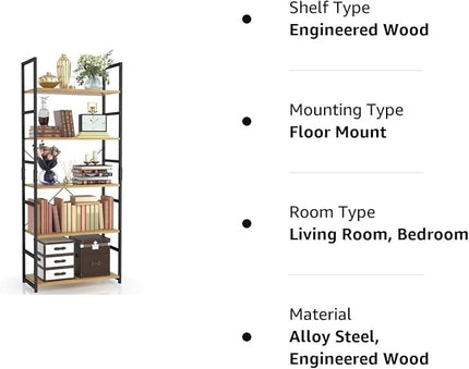 NUMENN 5 Tier Bookshelf, Tall Bookcase Shelf Storage Organizer, Modern Book Shelf for Bedroom, Living Room and Home Office, Natural - LeafyLoom