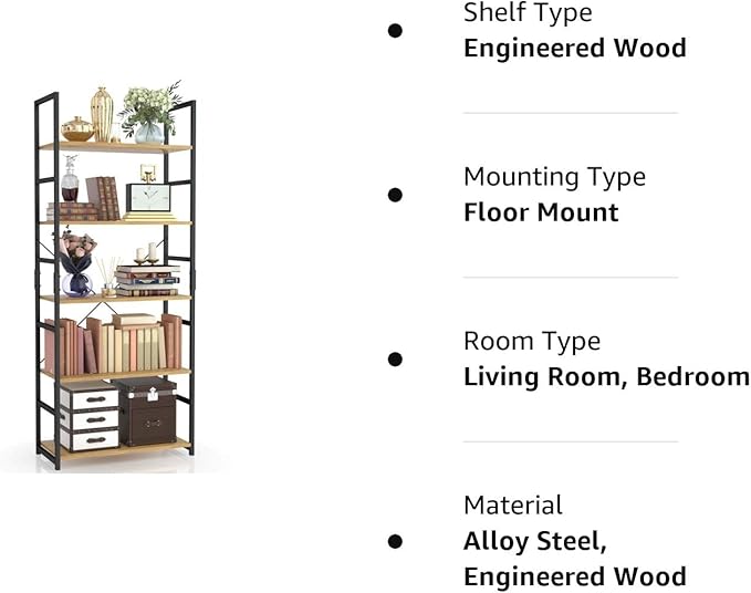 NUMENN 5 Tier Bookshelf, Tall Bookcase Shelf Storage Organizer, Modern Book Shelf for Bedroom, Living Room and Home Office, Natural - LeafyLoom