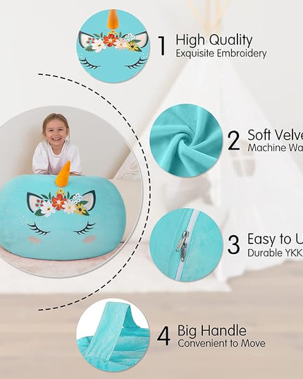 Aubliss Stuffed Animal Storage, Velvet Bean Bag Chairs Cover, X-Large 38" Ultra Soft Kids Toy Storage Organizer for Blankets Towels Clothes Toys, Cyan Floral - LeafyLoom