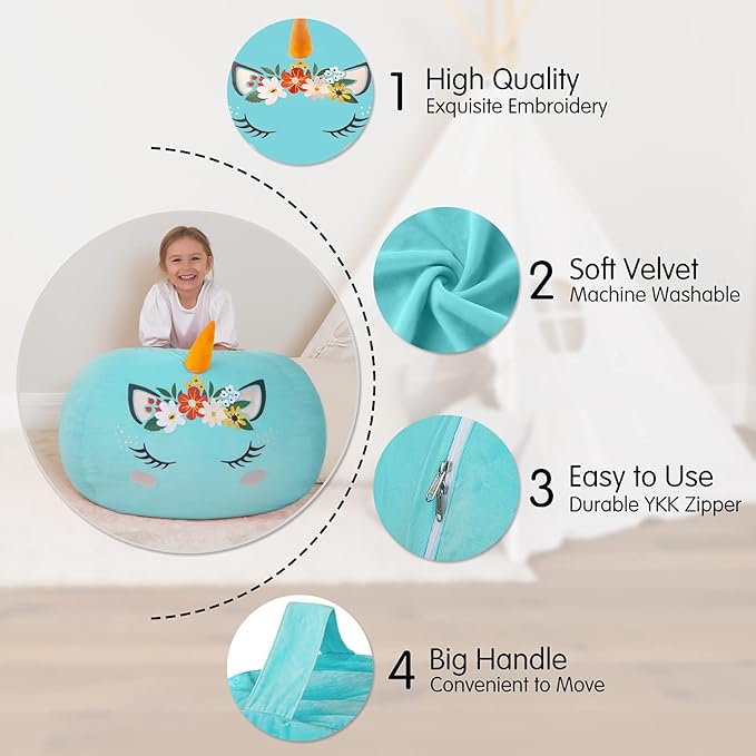 Aubliss Stuffed Animal Storage, Velvet Bean Bag Chairs Cover, X-Large 38" Ultra Soft Kids Toy Storage Organizer for Blankets Towels Clothes Toys, Cyan Floral - LeafyLoom