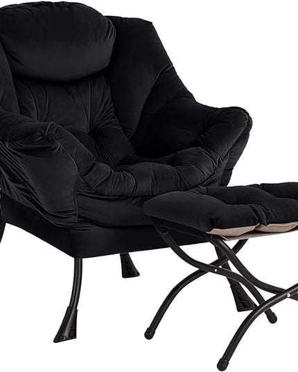 Lazy Chair with Ottoman, Modern Chair with Folding Footrest, Lounge Accent Chair, Comfortable Reading Chair, Oversized Armchairs for Bedroom, Study, Living Room, Courtyard (Black) - LeafyLoom