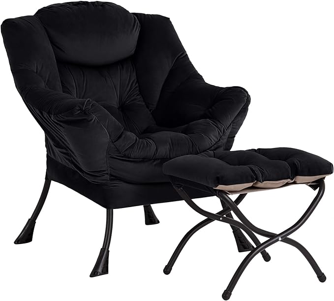 Lazy Chair with Ottoman, Modern Chair with Folding Footrest, Lounge Accent Chair, Comfortable Reading Chair, Oversized Armchairs for Bedroom, Study, Living Room, Courtyard (Black) - LeafyLoom