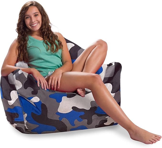 Posh Creations Structured Comfy Bean Bag Chair for Gaming, Reading and Watching TV, Malibu Lounge, Nylon - Camo Blue and Brown - LeafyLoom