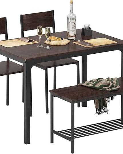 sogesfurniture 4 Piece Dining Table Set, Dining Table Set for 4, Kitchen Dinner Table with Benches for 4, includes Table, 2 Chairs & Bench, Brown - LeafyLoom