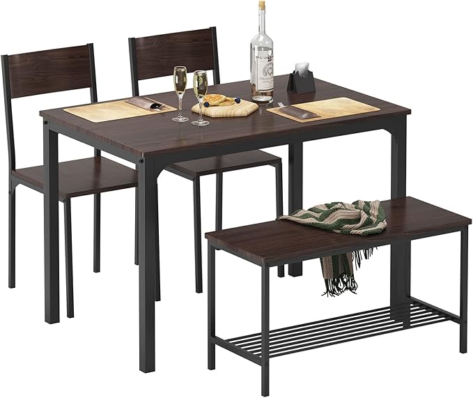 sogesfurniture 4 Piece Dining Table Set, Dining Table Set for 4, Kitchen Dinner Table with Benches for 4, includes Table, 2 Chairs & Bench, Brown - LeafyLoom