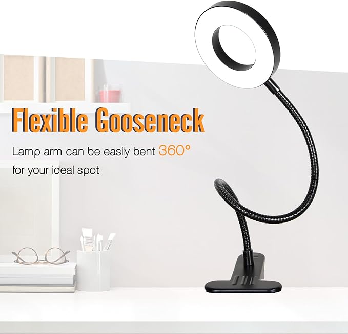 Clamp on Lamp, Desk Lamps, 8W Clip Light, Warm & Daylight & White Light 3 Colors, 10 Dimmable Illumination Modes (Black) - LeafyLoom