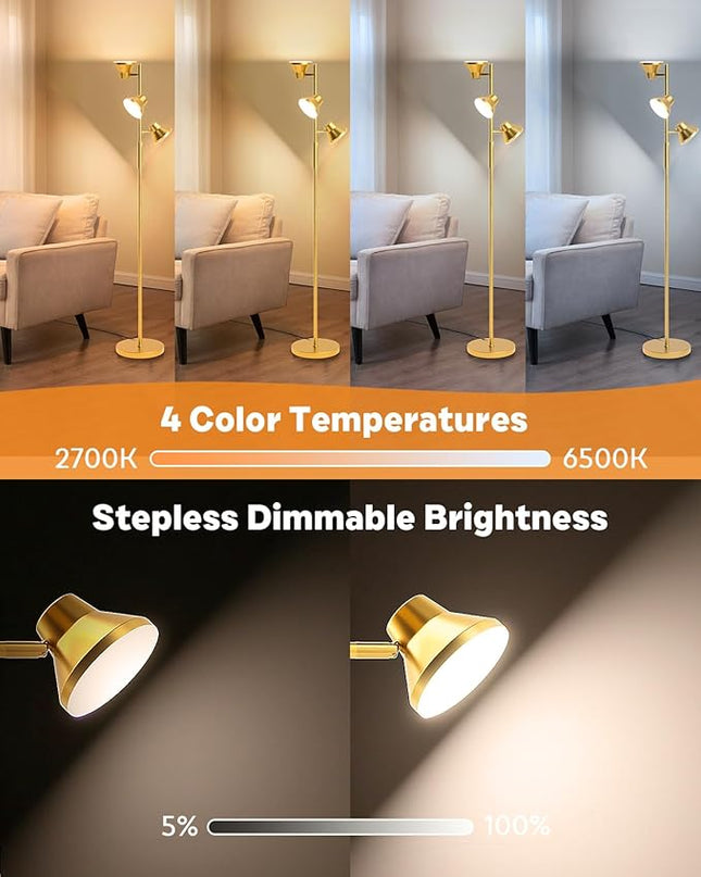 Gold Floor Lamp, 36W Modern LED Floor Lamp with Remote & Touch Control, 4 Color Temperatures, 3 Rotatable Lights, Floor Lamps for Living Room Bright Lighting, Bedroom, Office - LeafyLoom