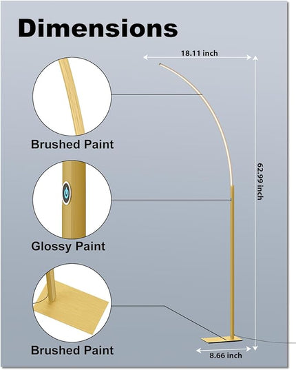 TACAHE Arc Corner Floor Lamp - 3000K Warm White & 3 Brightness Presets - Curved LED Accent Lamp with Touch Switch - 63" Modern Standing Lamp for Bedroom, Living Room - 12W - Gold - LeafyLoom