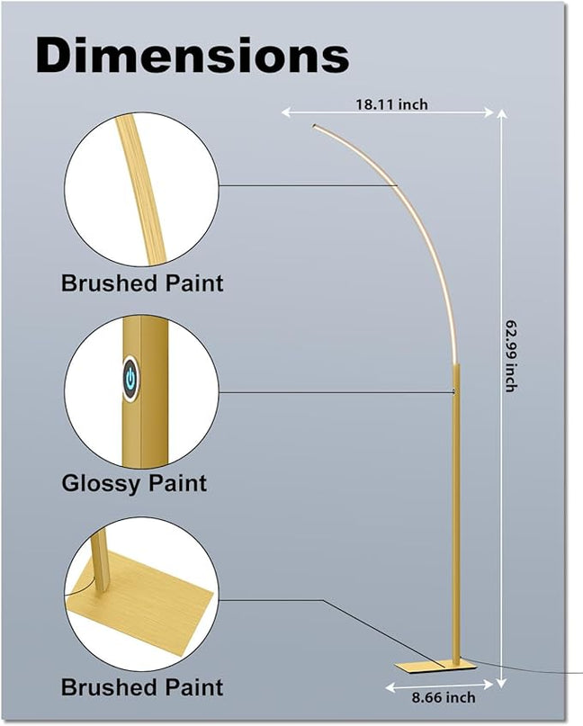 TACAHE Arc Corner Floor Lamp - 3000K Warm White & 3 Brightness Presets - Curved LED Accent Lamp with Touch Switch - 63" Modern Standing Lamp for Bedroom, Living Room - 12W - Gold - LeafyLoom