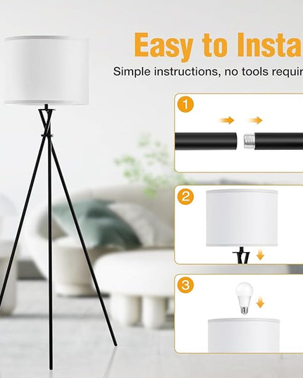 Modern Floor Lamps, 61" Tripod Floor Lamp, Mid Century Lamp with Simple Design, Lamps for Living Room, Bedroom, Office,Tall Standing Lamp with Rocker Swtich, Black White- without Bulb - LeafyLoom