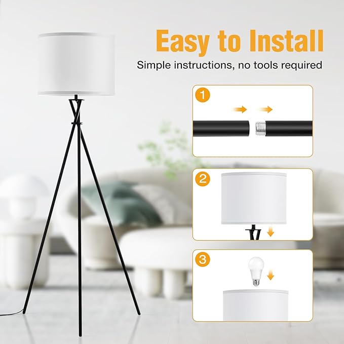 Modern Floor Lamps, 61" Tripod Floor Lamp, Mid Century Lamp with Simple Design, Lamps for Living Room, Bedroom, Office,Tall Standing Lamp with Rocker Swtich, Black White- without Bulb - LeafyLoom