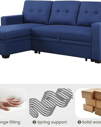 L Shape Sleeper Sofa Bed with Storage, Large Full Size Pull Out Sectional Couch, Futon Chaise Lounge Recliner for Living Room, Apartment, Bedroom, Office, Blue - LeafyLoom