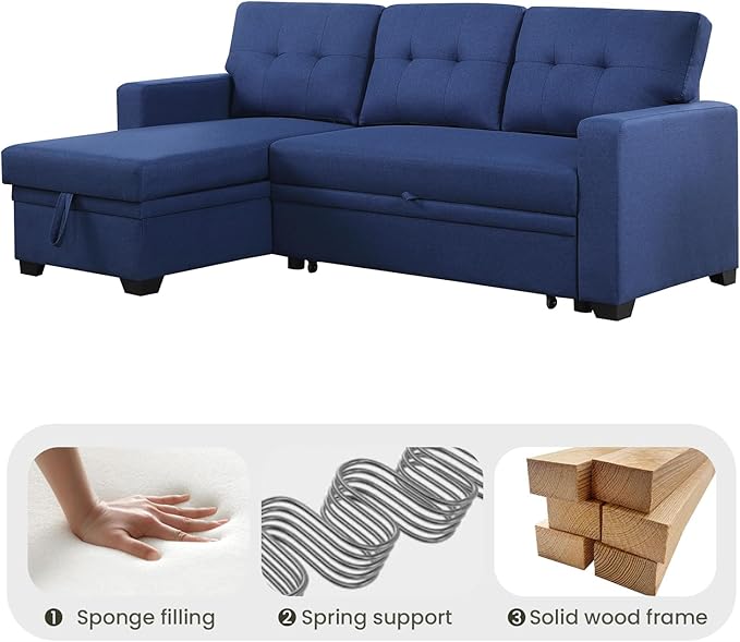 L Shape Sleeper Sofa Bed with Storage, Large Full Size Pull Out Sectional Couch, Futon Chaise Lounge Recliner for Living Room, Apartment, Bedroom, Office, Blue - LeafyLoom