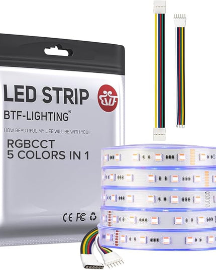 BTF-LIGHTING RGBCCT 5 Colors in 1 LED 5050SMD RGBWW RGB+Dimmable Tunable Color Temperature 2700K-6500K 16.4ft 60LEDs/m 300LEDs DC24V Multi-Colored Tape Lights IP67 White PCB(No Adapter or Controller) BTF-LIGHTING