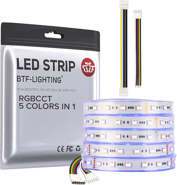BTF-LIGHTING RGBCCT 5 Colors in 1 LED 5050SMD RGBWW RGB+Dimmable Tunable Color Temperature 2700K-6500K 16.4ft 60LEDs/m 300LEDs DC24V Multi-Colored Tape Lights IP67 White PCB(No Adapter or Controller) BTF-LIGHTING
