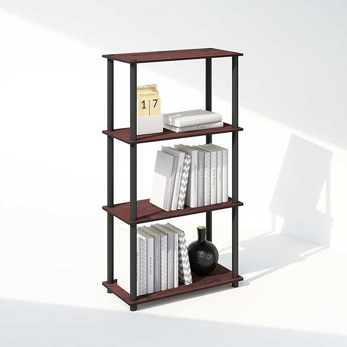 Furinno Turn-N-Tube 4-Tier Multipurpose Shelf Display Rack, Shelving Unit, Bookcase, Dark Cherry/Black - LeafyLoom