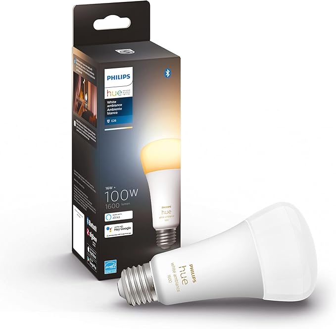 Philips Hue Smart 100W A21 LED Bulb - White Ambiance Warm-to-Cool White Light - 1 Pack - 1600LM & Smart 75W A19 LED Bulb - White and Color Ambiance Color-Changing Light - 1 Pack Philips+Hue