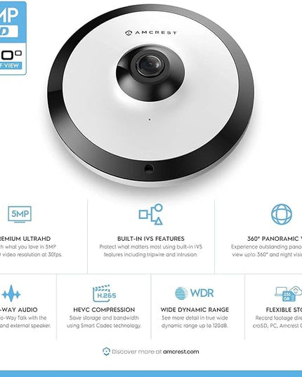 Amcrest Fisheye IP POE Camera, 360° Panoramic 5-Megapixel POE IP Camera, Fish Eye Security Indoor Camera, IVS Features and People Counting, MicroSD Recording, IP5M-F1180EW-V2 (White) Amcrest