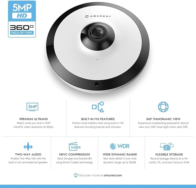 Amcrest Fisheye IP POE Camera, 360° Panoramic 5-Megapixel POE IP Camera, Fish Eye Security Indoor Camera, IVS Features and People Counting, MicroSD Recording, IP5M-F1180EW-V2 (White) Amcrest