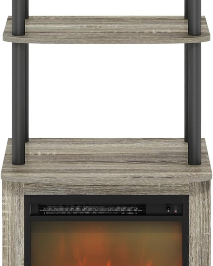 Furinno Turn-N-Tube 2-Tier Tall TV Entertainment Side Table Display Rack with Fireplace Insert, French Oak Grey/Black - LeafyLoom
