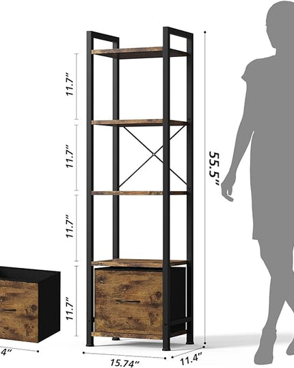 Narrow-Bookshelf-With-Storage-Drawer, 5-Tier Small Standing Book Shelf Organizer For Small Space, Tall Thin Bookcase Shelf For Bedroom Living Room Office, Wooden Shelving Unit Rack For Display - LeafyLoom