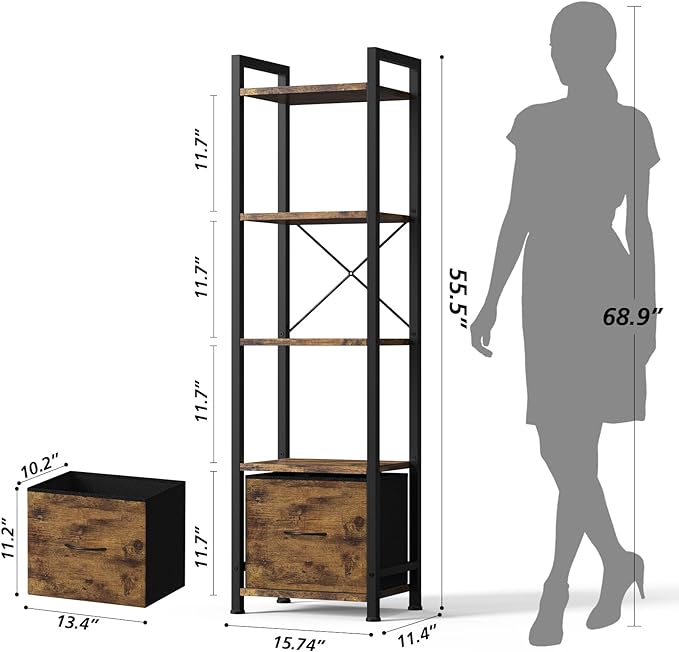 Narrow-Bookshelf-With-Storage-Drawer, 5-Tier Small Standing Book Shelf Organizer For Small Space, Tall Thin Bookcase Shelf For Bedroom Living Room Office, Wooden Shelving Unit Rack For Display - LeafyLoom