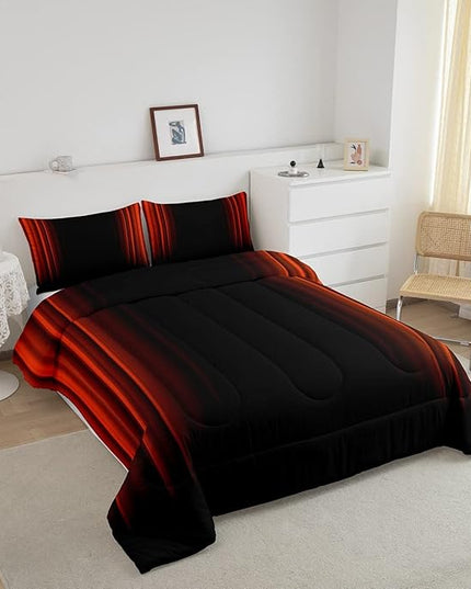 Geometric Abstract Ombre Comforter Set Kids Teens Orange Red and Black Striped Bedding Bed Set Decor Modern Fashion Comforter Inner Fill Bedroom Collection 2Pcs Twin Size - LeafyLoom