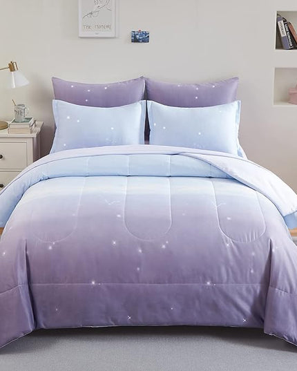 Girls Comforter Set Full Size Colorful Ombre Purple Rainbow Bedding Set Bed in A Bag for Kid Teen Girls 7 Pieces (1 Comforter, 1 Flat Sheet, 1 Fitted Sheet, 2 Pillow shams, 2 Pillowcases) - LeafyLoom