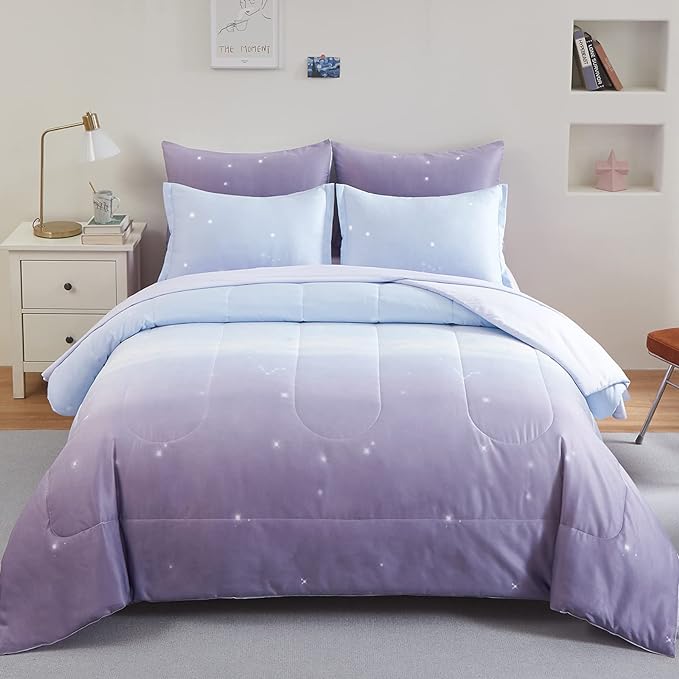 Girls Comforter Set Full Size Colorful Ombre Purple Rainbow Bedding Set Bed in A Bag for Kid Teen Girls 7 Pieces (1 Comforter, 1 Flat Sheet, 1 Fitted Sheet, 2 Pillow shams, 2 Pillowcases) - LeafyLoom