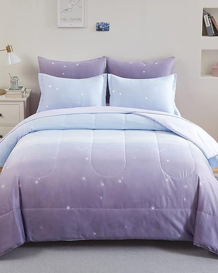 Girls Comforter Set Twin Size 6 Pieces Colorful Ombre Purple Rainbow Bedding Set Bed in A Bag for Kids Teen Girls (1 Comforter, 1 Flat Sheet, 1 Fitted Sheet, 1 Pillow sham, 2 Pillowcases) - LeafyLoom