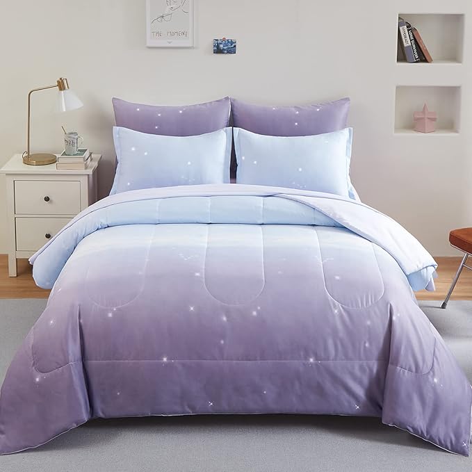 Girls Comforter Set Twin Size 6 Pieces Colorful Ombre Purple Rainbow Bedding Set Bed in A Bag for Kids Teen Girls (1 Comforter, 1 Flat Sheet, 1 Fitted Sheet, 1 Pillow sham, 2 Pillowcases) - LeafyLoom