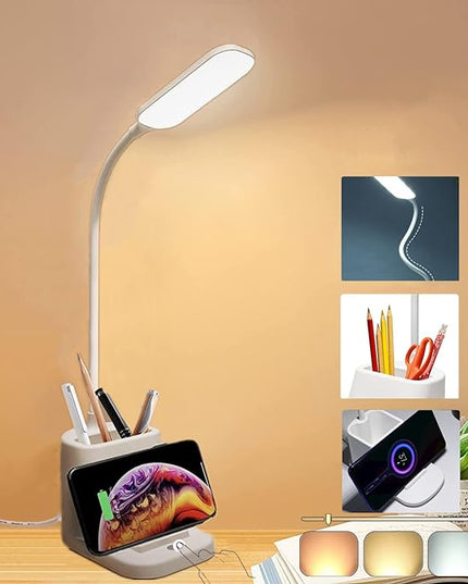 Small Desk Lamp with Wireless Charger, Desk Lights for Home Office - LED, White,Brightness Adjustment, 3 Color Modes,500LM, Study Lamp with Pen Holder， Desktop Study Desk Lamp for College Dorm Room - LeafyLoom