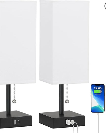 Nightstand Lamps Set of 2 - White, USB A and USB C Charging, Pull Chain Control, Bulb NOT Included, Small - LeafyLoom