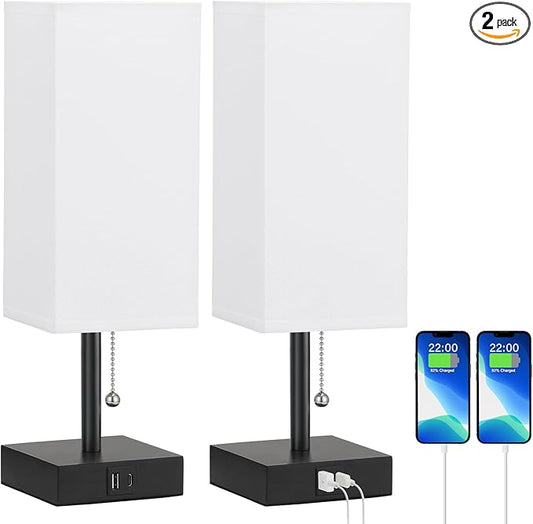 Nightstand Lamps Set of 2 - White, USB A and USB C Charging, Pull Chain Control, Bulb NOT Included, Small - LeafyLoom