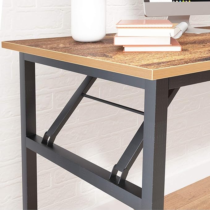 SDHYL 62 inches No Assembly Foldable Computer Desk for Home Office Workstation, Study and Writing, Rustic Brown - LeafyLoom