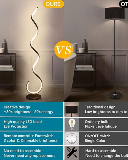 Spiral LED Floor Lamp, 40W Dimmable Modern Floor Lamps for Living Room with Remote Control, Stepless Adjustable Colors & Brightness Standing Lamp Reading Corner Floor Lamp for Bedroom - Black - LeafyLoom