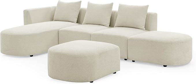 113" L-Shape Sectional Side Chaise and Ottoman, Modular Sofa, DIY Combination, Loop Yarn Fabric for Living Room, Apartment, 113inch, Beige Left - LeafyLoom