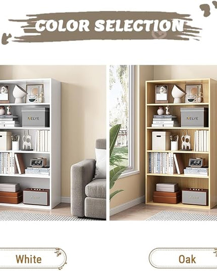 Basic Open Shelf Bookcase - 5-Tier Wooden Cube Storage Shelves Split Bookshelf, Oak - LeafyLoom