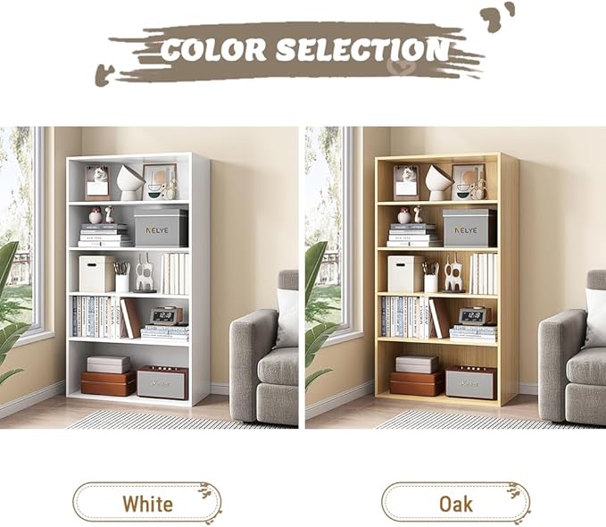 Basic Open Shelf Bookcase - 5-Tier Wooden Cube Storage Shelves Split Bookshelf, Oak - LeafyLoom