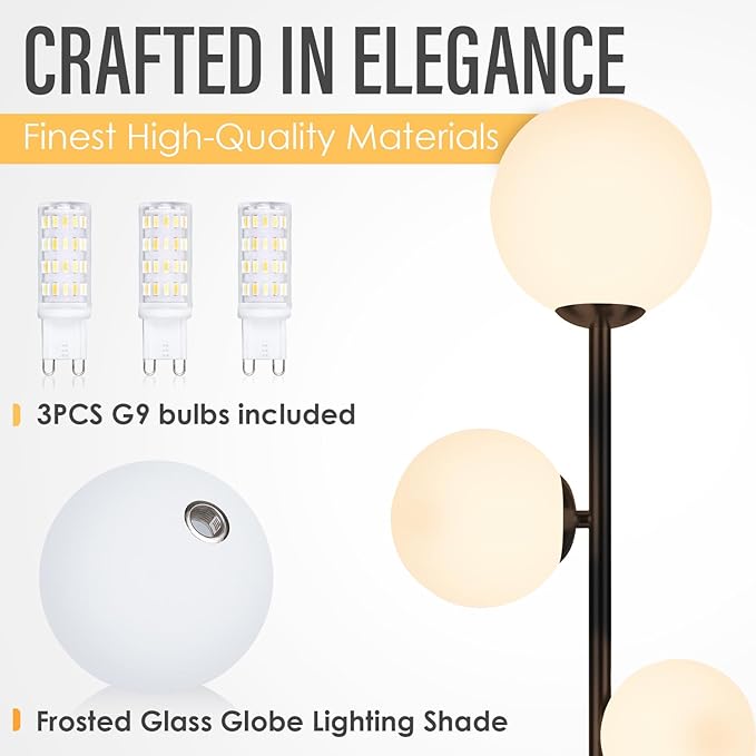 3 Globe Vintage Floor Lamp - 3 Color Options Moderm Floor Lamps for Living Room, Mid Century Standing lamp Home Decor for Bedrooms Office(Matte Black, LED Bulbs Included) - LeafyLoom