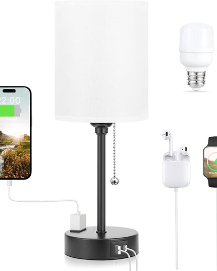 Small Bedroom Lamps with USB C and A Ports 3 Color Temperatures - 2700K 3500K 5000K Pull Chain White Nightstand Bedside Table Lamps with AC Outlet, Metal Base for Kids Reading - LeafyLoom