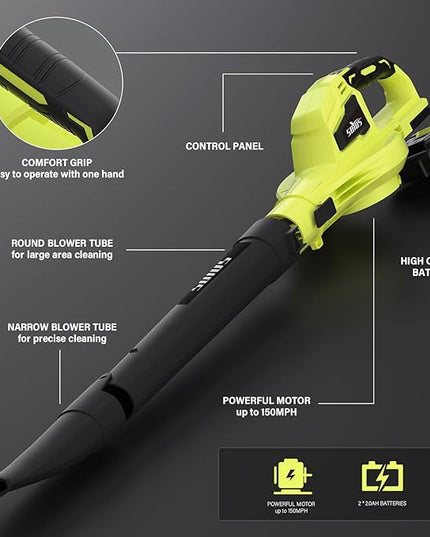 SOYUS Leaf Blower, 20V Leaf Blower Cordless with 2x2.0Ah Battery and Charger, 150 MPH Electric Leaf Blower with Two-Speed Mode, Blowers for Lawn Care, Debris Dust Cleaning(Green) - LeafyLoom