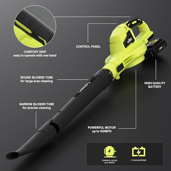 SOYUS Leaf Blower, 20V Leaf Blower Cordless with 2x2.0Ah Battery and Charger, 150 MPH Electric Leaf Blower with Two-Speed Mode, Blowers for Lawn Care, Debris Dust Cleaning(Green) - LeafyLoom