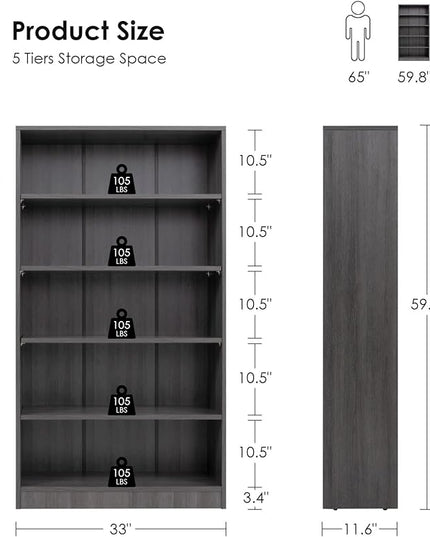 Farini Grey Bookshelf for Bedroom 5 Shelf Office Bookcase 60 Inches Tall Modern Wood Bookshelf for Living Room 5 Tier Wide Manga Bookshelf Library Bookcase - LeafyLoom