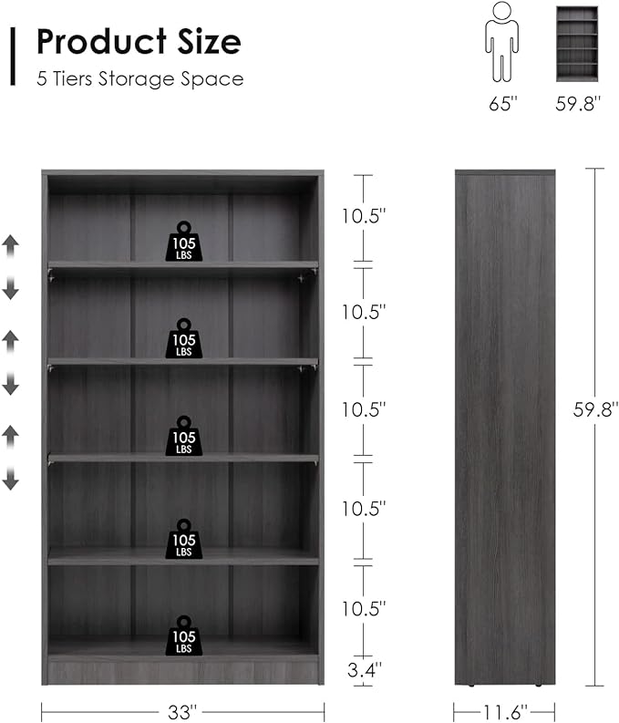 Farini Grey Bookshelf for Bedroom 5 Shelf Office Bookcase 60 Inches Tall Modern Wood Bookshelf for Living Room 5 Tier Wide Manga Bookshelf Library Bookcase - LeafyLoom