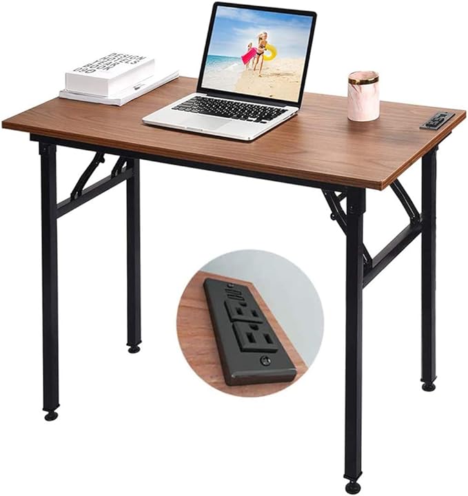 Frylr Small Folding Writing Desk with USB Ports & Power Plugs 31.5x15.7x29 Inch Small Office Computer Desks Portable for Home Office, Foldable Student Study Tables for Small Space, Walnut - LeafyLoom