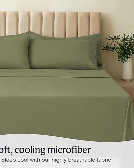 LuxClub 4 PC Sheet Bed Sheets Deep Pockets 18" Eco Friendly Wrinkle Free-Kids-Fitted Sheets Machine Washable Hotel Bedding Silky Soft - Olive Twin - LeafyLoom